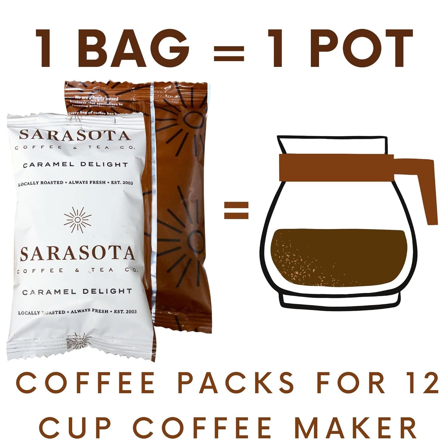 SARASOTA COFFEE & TEA CO. Gourmet Medium Roast Coffee Ground Packets, Salted Caramel, 2 Ounce Bags, Pack of 12