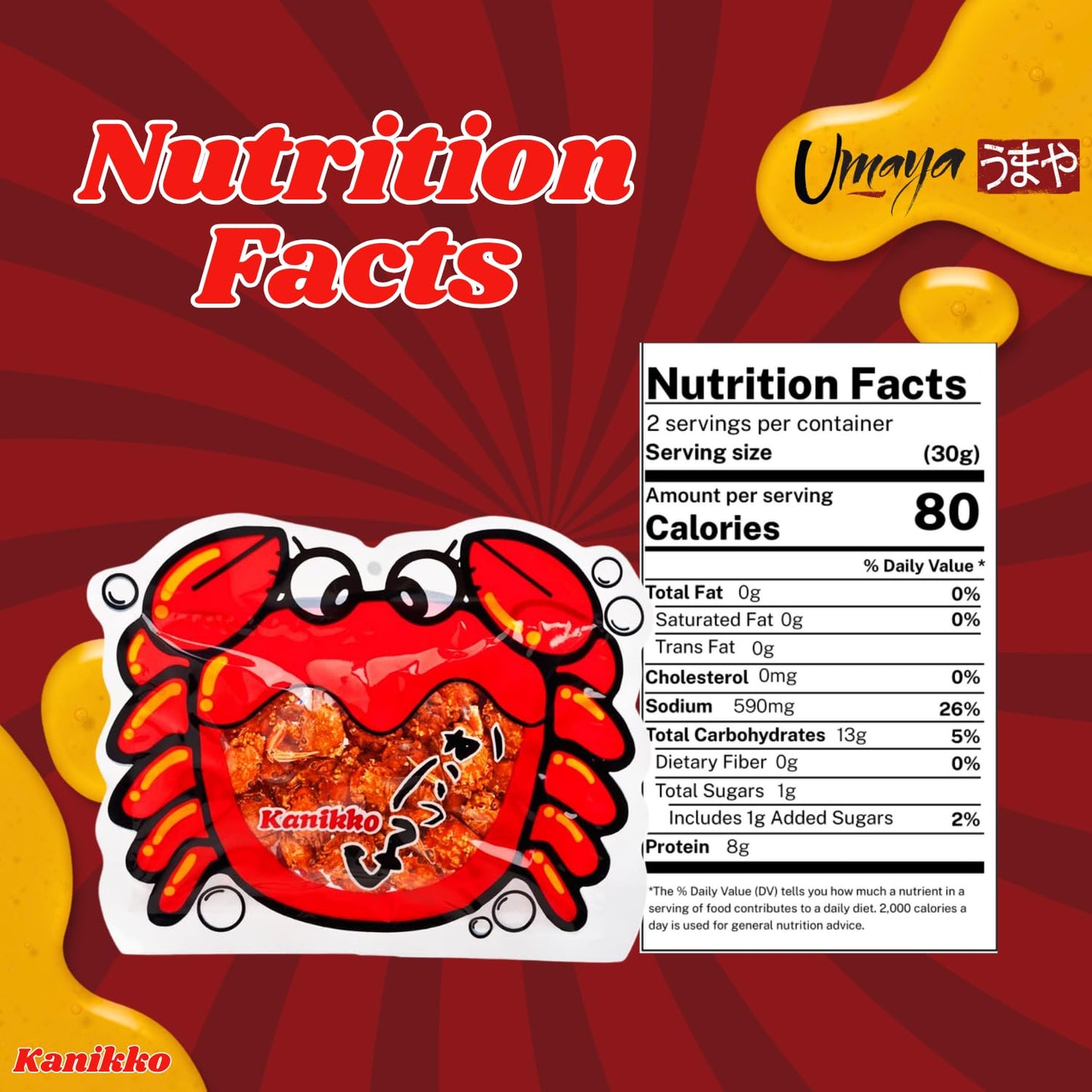 UMAYA Fried Japanese Baby Crabs - Crunchy Gourmet Snack with Sweet Honey - 2.3oz (65g) Individual Snack Size Bag