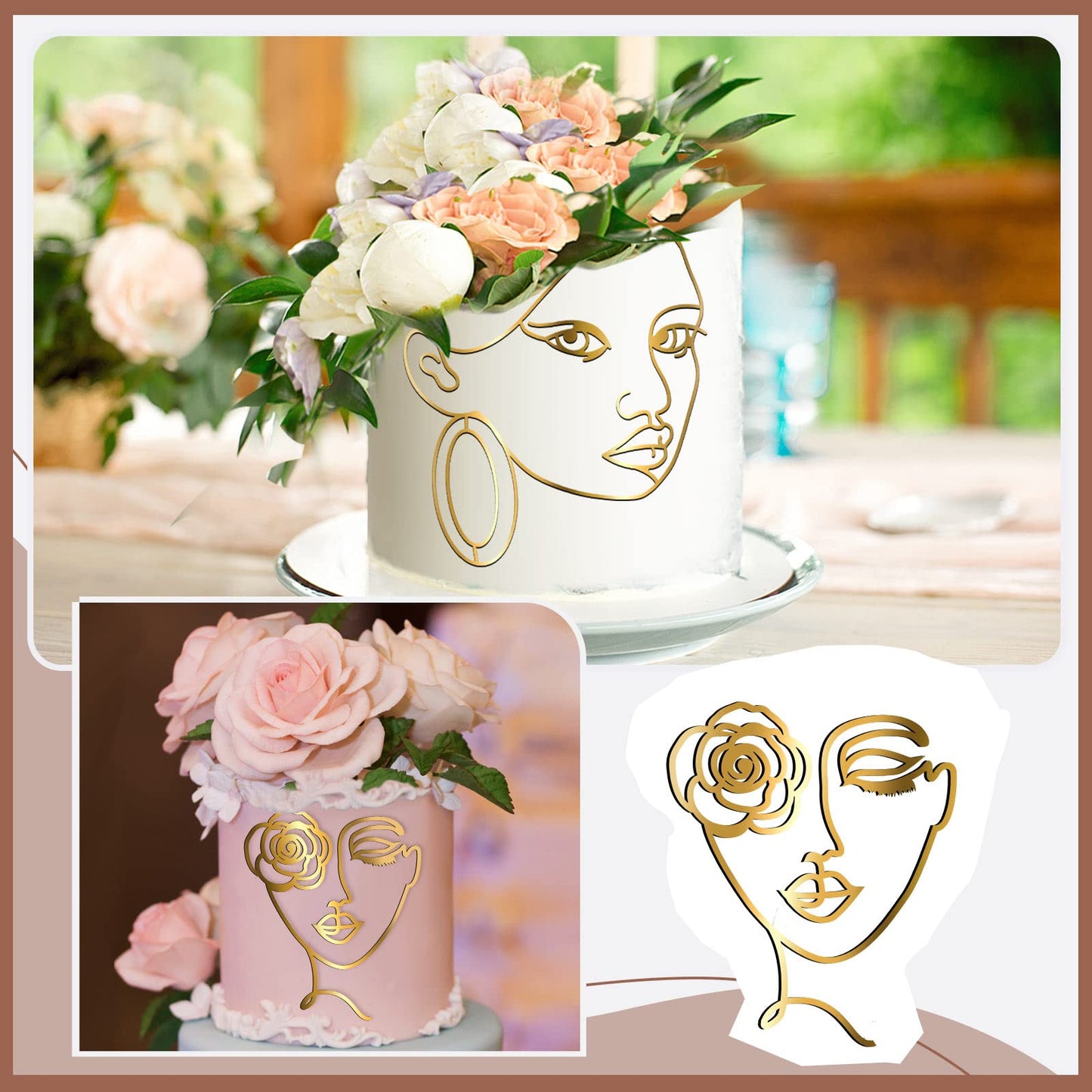 Marsui Cake Topper Set, 10 Pcs Acrylic Lady Face Toppers, 6.69 inches, Gold, Minimalist Design for Birthday and Wedding Decorations