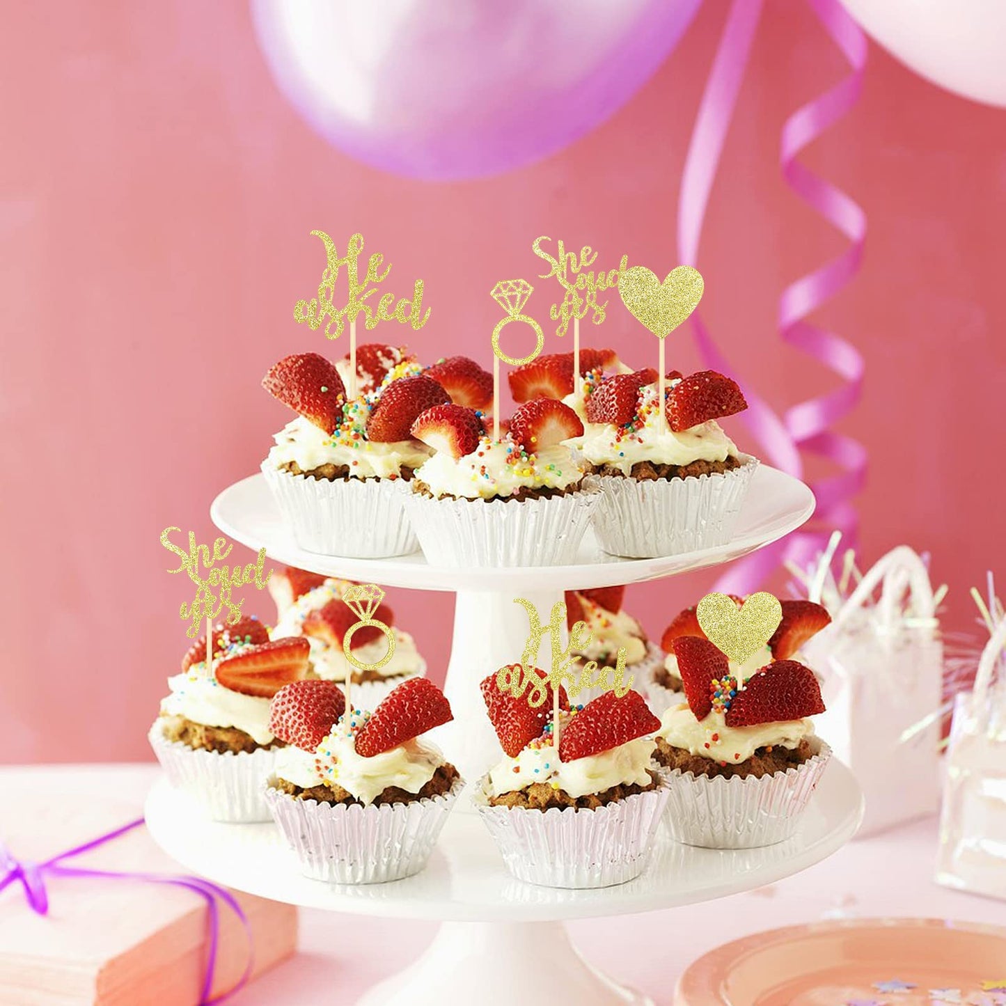 24 Pcs He Asked She Said Yes Cake Topper Gold Cupcake Toppers Heart Diamond Ring Cupcake Picks Glitter Cupcake Decorations For W