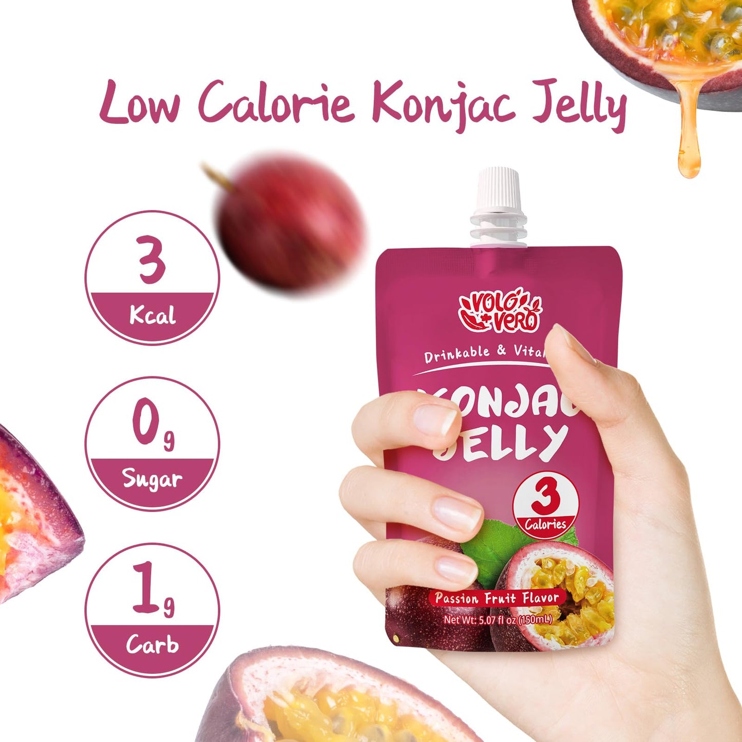 Volo Vero Konjac Jelly Squeeze Pouch Passion Fruit Flavor, Low Calories (3 Kcal), 10 Packs, Gluten Free & Vegan, 0 Sugar, Keto, Low Carb, Drinkable Vitamin C Healthy Snacks, Holiday Gifts