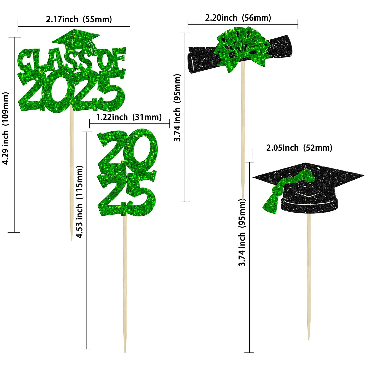 Ephlyn Graduation Cupcake Toppers, 36 Pcs, Glitter Class of 2025, Diploma & Cap Picks, Green