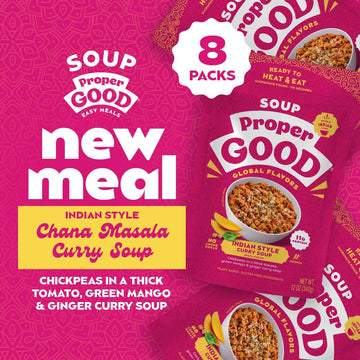 Proper Good Chana Masala Curry Soup | Ready-To-Eat Microwaveable Indian Inspired Chickpea Soup | Flavor-Packed | 90-Second Meal