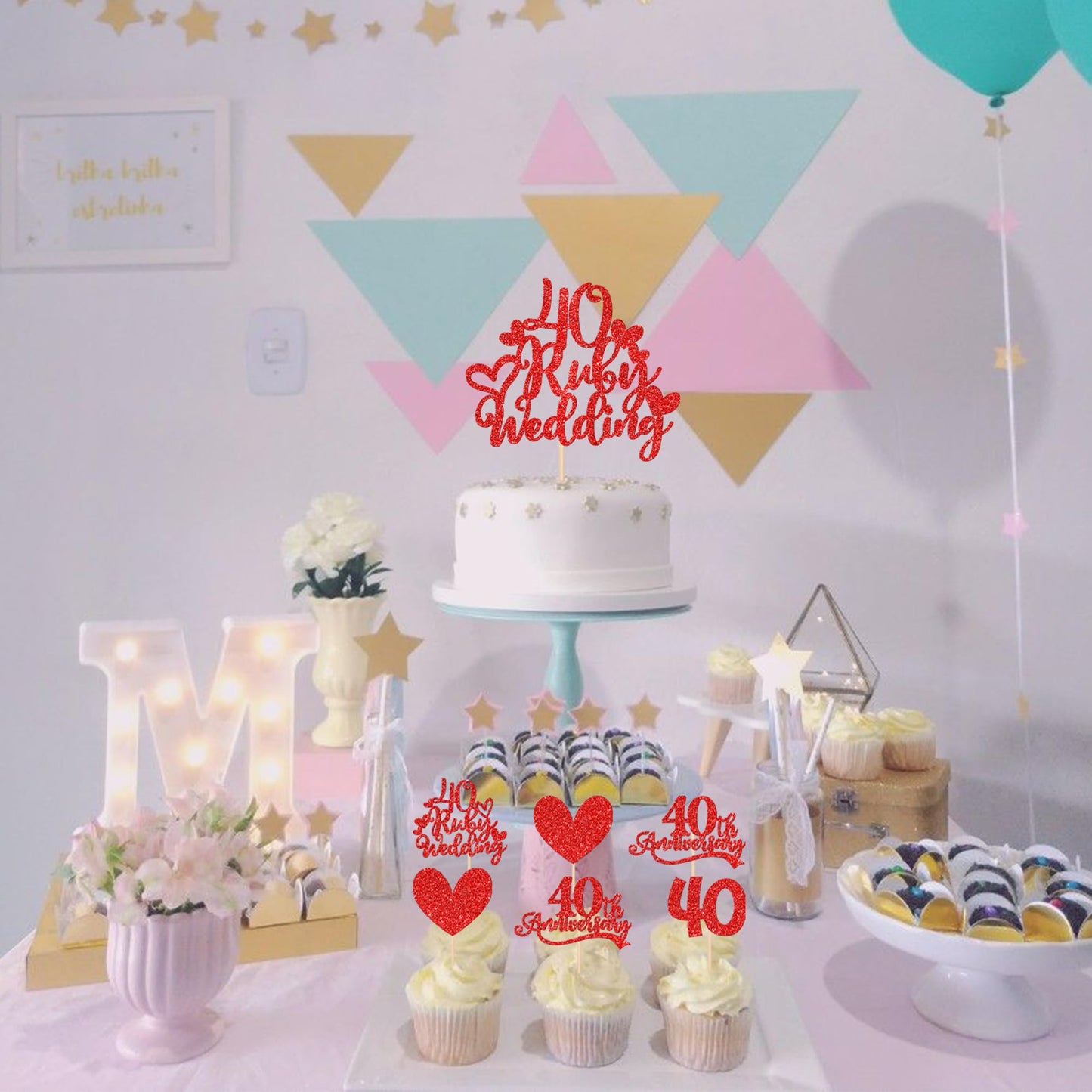 25 Pcs 40Th Anniversary Cupcake Toppers With Ruby Wedding Cake Topper Red Glitter Heart Cupcake Picks For 40Th Wedding Anniversa