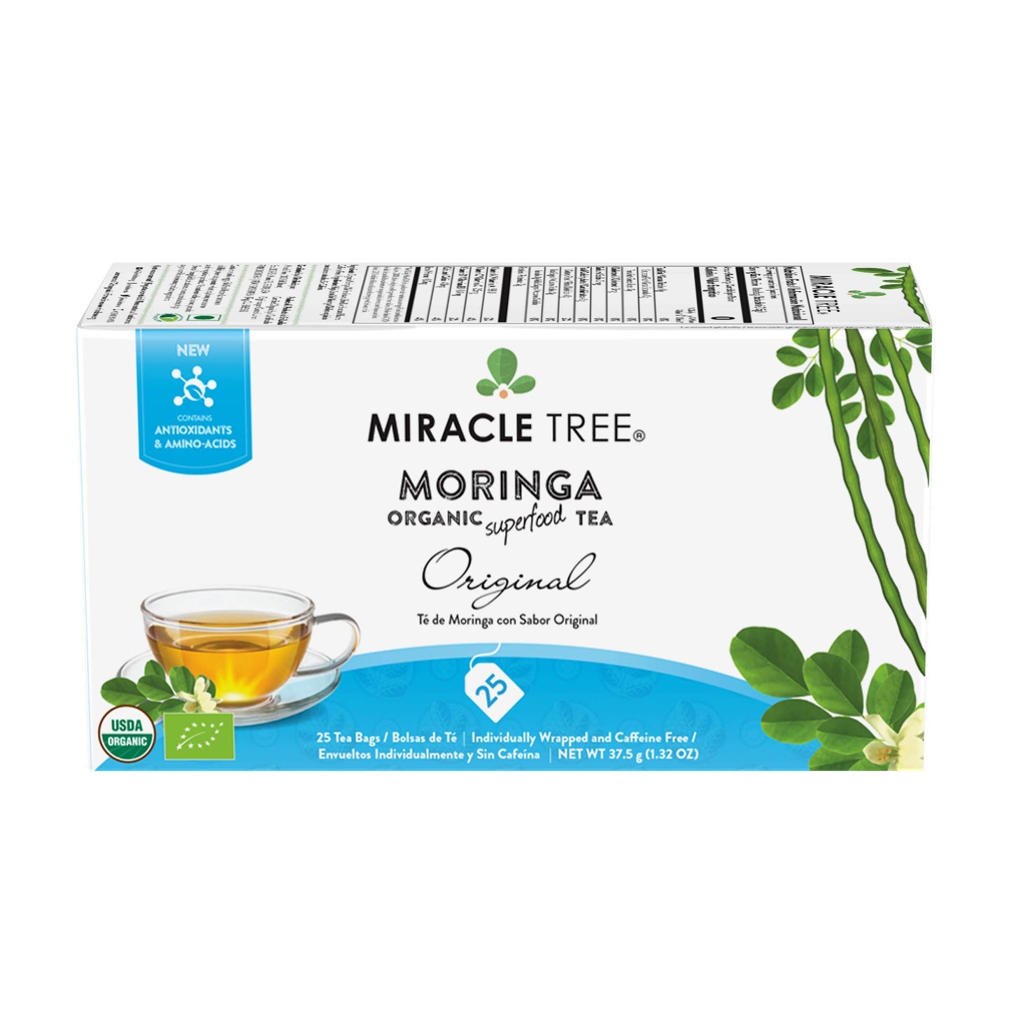 Tree Organic Moringa Superfood Tea - 25 Individually Sealed Bags, Keto, Vegan, Gluten-Free, 6 Count Pack
