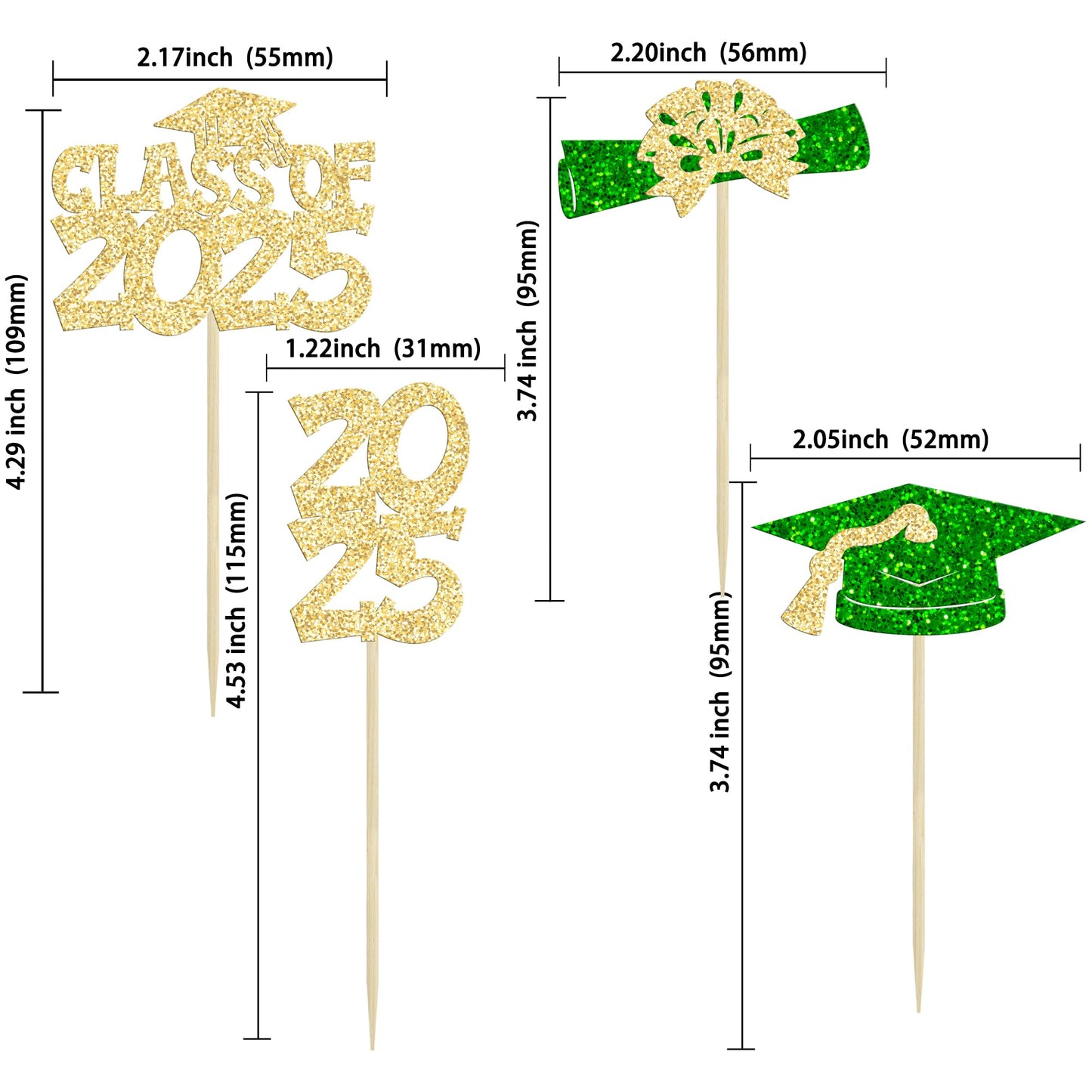 Ephlyn Graduation Cupcake Toppers 36Pcs Glitter Class of 2025 Gold Green Decorations