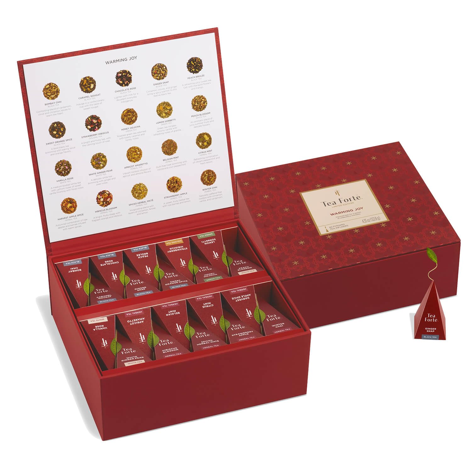 Tea Forte Warming Joy Holiday Assorted Enhanced Tea Chest Gift Sampler, 40 Count, 2 Of Each Variety Blend Individually Wrapped Handcrafted Pyramid Infuser Bags