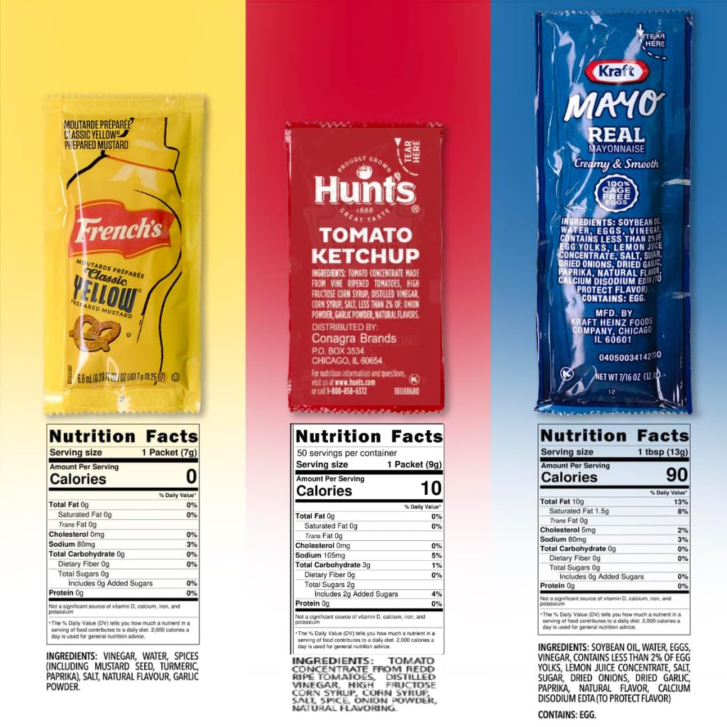 US THREE Grab-n-Go Condiment Packs - 150 Single Serve Pouches (Ketchup, Mustard, Mayo) - Dispenser Box, Ideal for Picnics and Parties