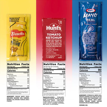 US THREE Grab-n-Go Condiment Packs - 150 Single Serve Pouches (Ketchup, Mustard, Mayo) - Dispenser Box, Ideal for Picnics and Parties