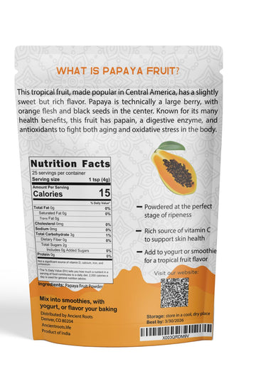 Ancient Roots Papaya Fruit Powder - Natural Food Coloring, No Added Sugar, Filled With Antioxidants, Digestion Support, Tropical