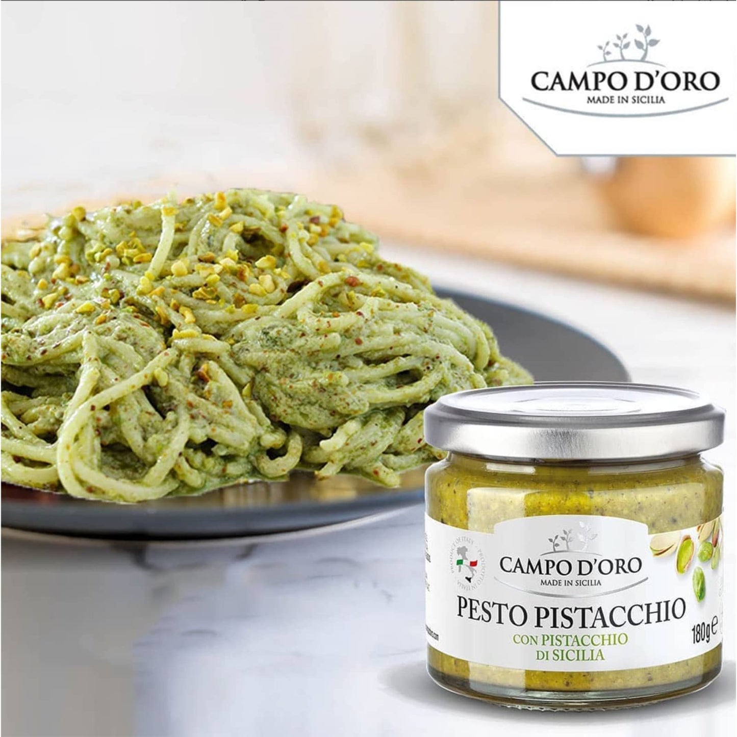 Campo D'Oro - Pistachio Pesto, Paste, Unsweetened, Sicilian Pesto Sauce, Savory, Creamy, Spreadable, 6.35Oz, Sicily