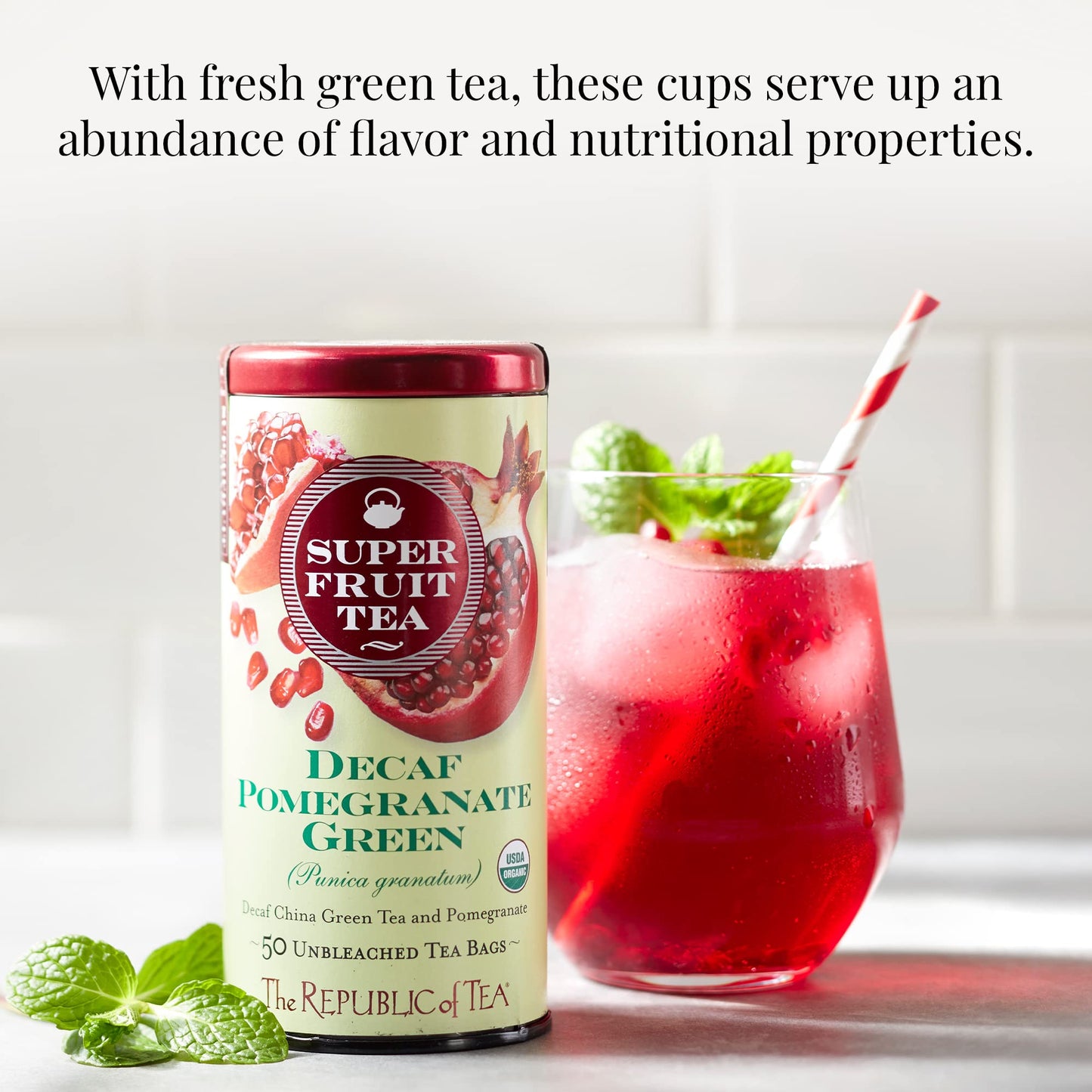 The Republic Of Tea, Pomegranate Green Tea Decaf, 50 Count
