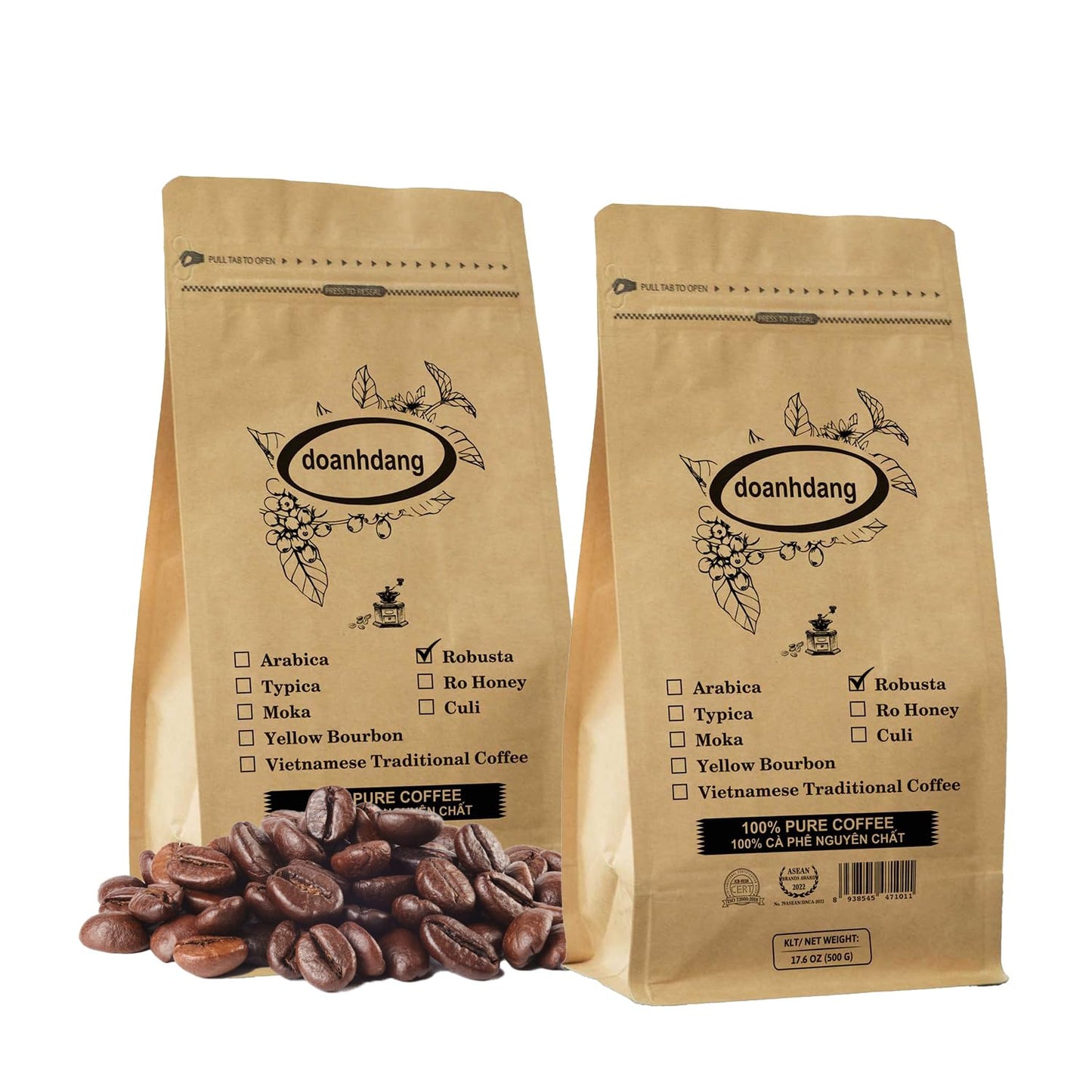 Doanhdang - 35 Oz Enhanced Robusta Whole Bean Coffee, 100% Robusta Medium Roast, Rich Flavor For Espresso Shot And Brew, Origin From Vietnam, Whole Med Roast Beans
