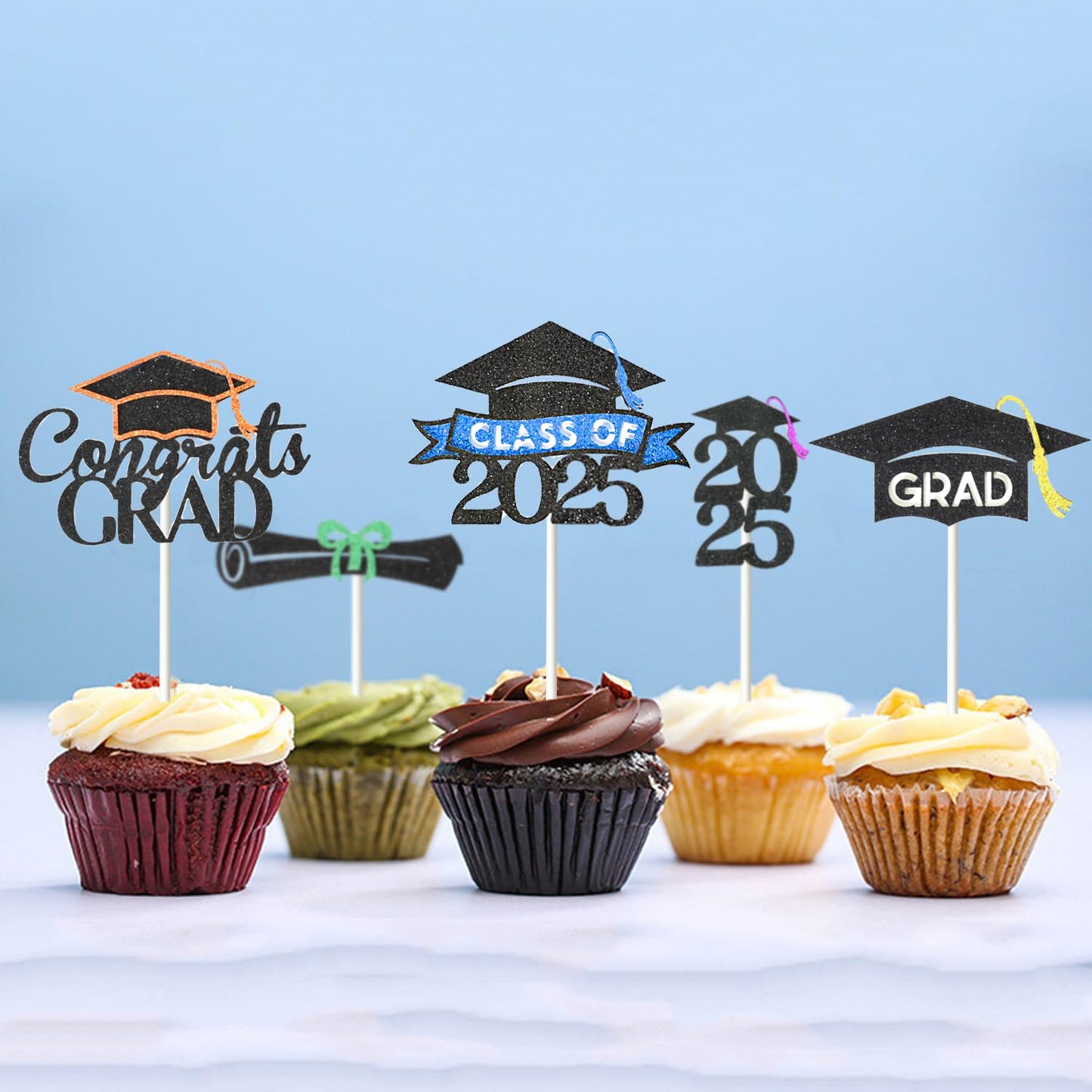 Chewarelly 24 Pack Graduation Cupcake Toppers, Glitter Decor, Black with Silver, Model GRADGL-24B03