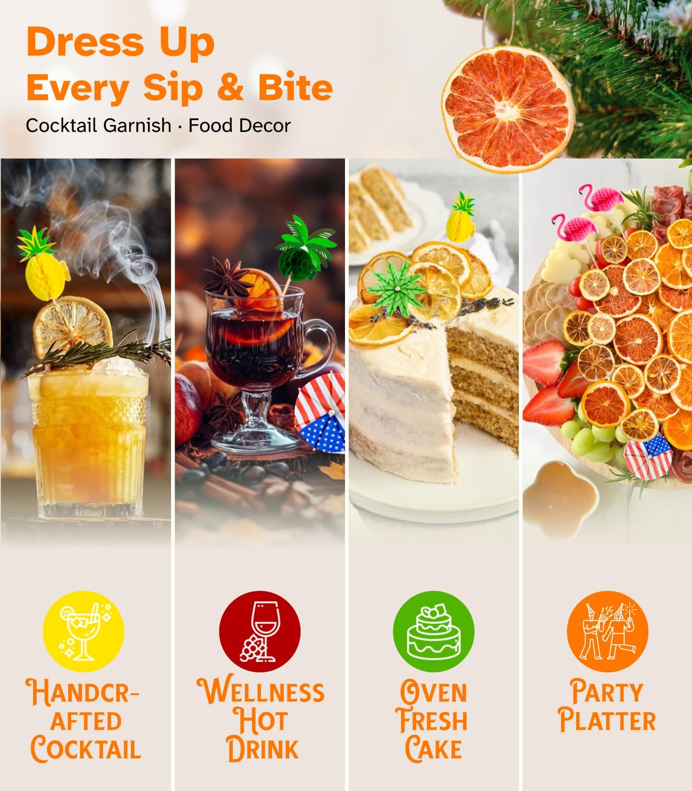 Fangkic Dehydrated Citrus Slices Set - 70+ Pieces, 6 Ounce - Lemon, Lime, Orange, G fruit, Includes 25 Paper Umbrellas and Tweezers