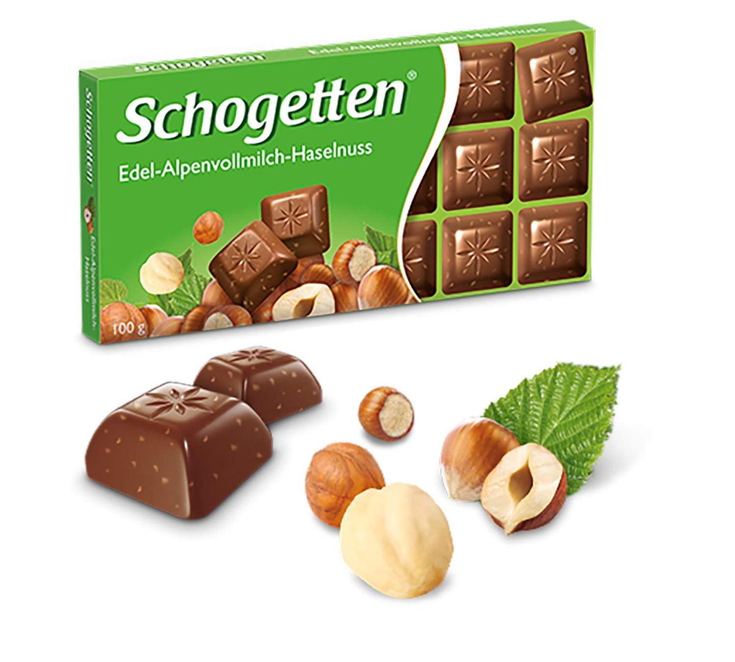 Schogetten Alpine Milk Chocolate with Hazelnuts Bar, 100g/3.52oz, Pack of 2