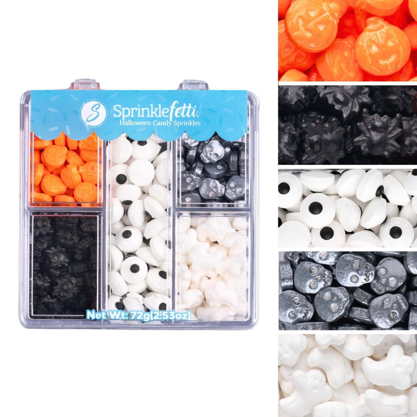Sweets Indeed Halloween Candy Sprinkles Tacklebox – 2.53 oz Assorted Dextrose Shapes – Eyeballs, Pumpkins, Spiders, Skulls, Ghosts