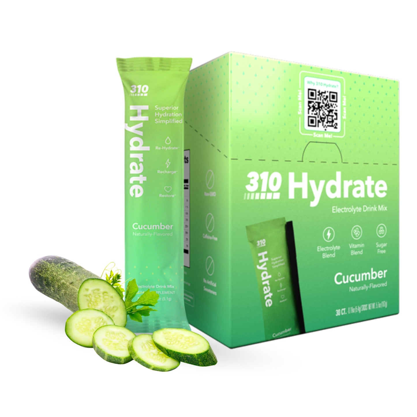 310 Hydrate Cucumber Electrolytes Powder Packets - No Sugar Hydration Packets with Key Vitamins & Minerals - Keto Friendly - Tas