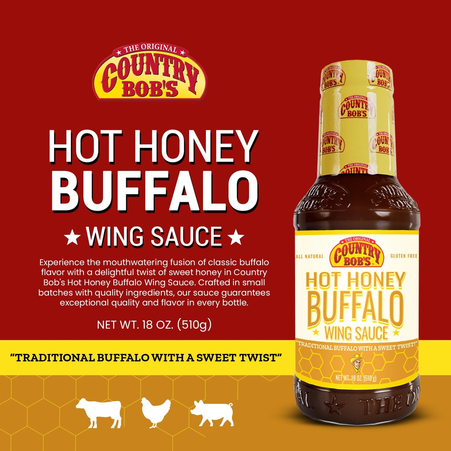 Country Bob'S Hot Honey Buffalo Wing Sauce - Traditional Buffalo With Sweet Twist, Small Batch Crafted, Ideal For Grilling, Fryi