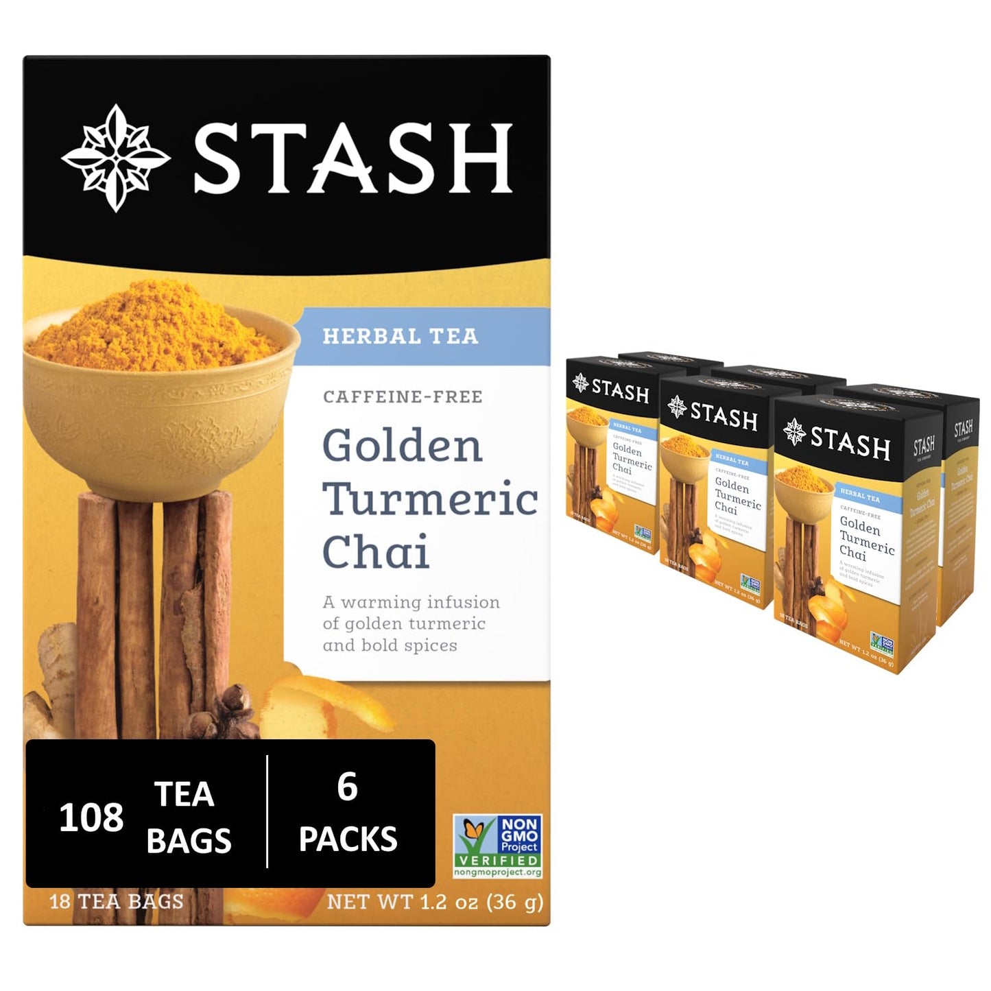 Stash Tea Turmeric Chai Herbal Tea - Naturally Caffeine Free, Non-GMO Project Verified enhanced Tea with No Artificial Ingredients, 18 Count (Pack of 6) - 108 Bags Total