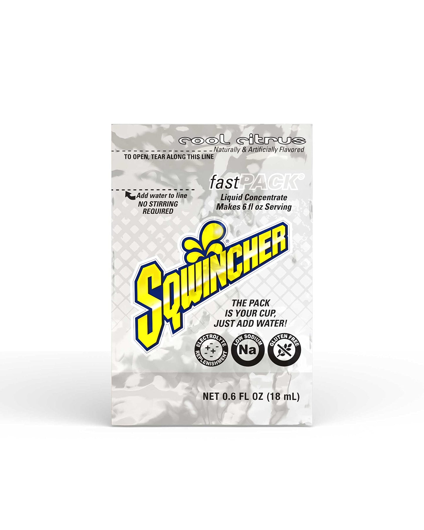 Sqwincher Fast Pack Liquid Concentrate | Cool Citrus Flavored | Low Calorie | Low Sodium | Electrolyte Replenishment Hydration Drink Mix | Just Add Water to Pouch | .6 oz Packet (4 Packs of 50)