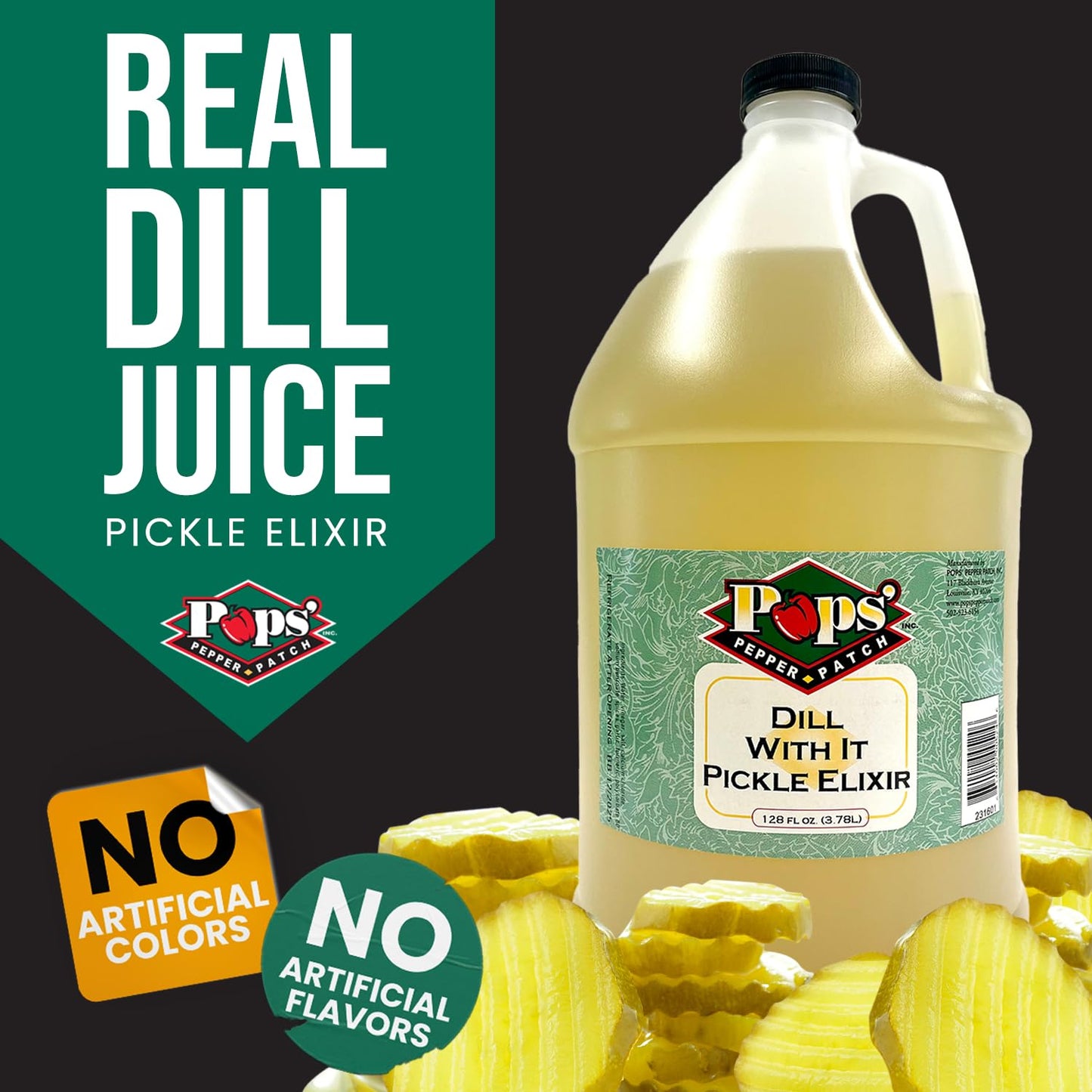 Pops Pepper Patch Pickle Elixir – Dill Pickle Brine For Leg Cramps - Made From Real Dill Juice - No Artificial Colors Or Flavors - Aids In Hydration - 1 Gallon