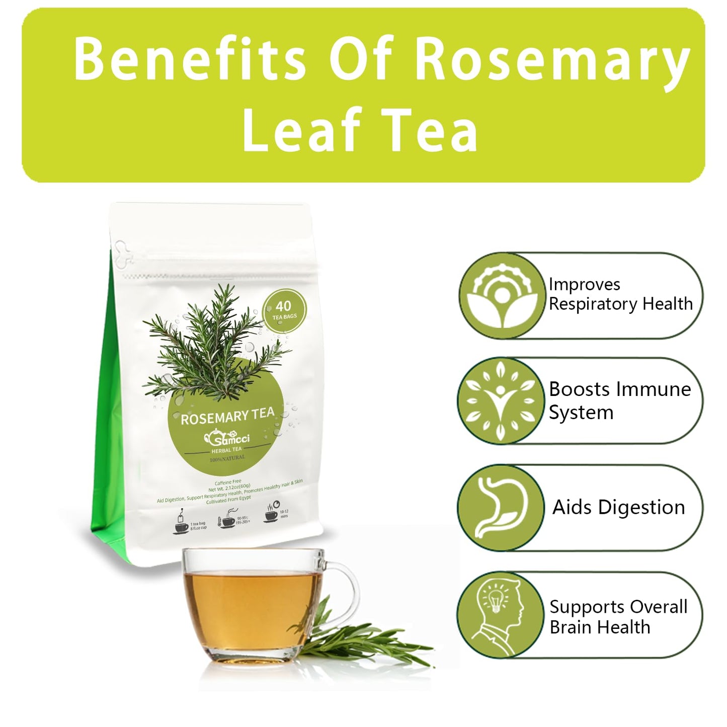 SAMCCI Rosemary Tea Bags - Pure Dried Leaves, Caffeine-Free, Non-GMO, 40 Count