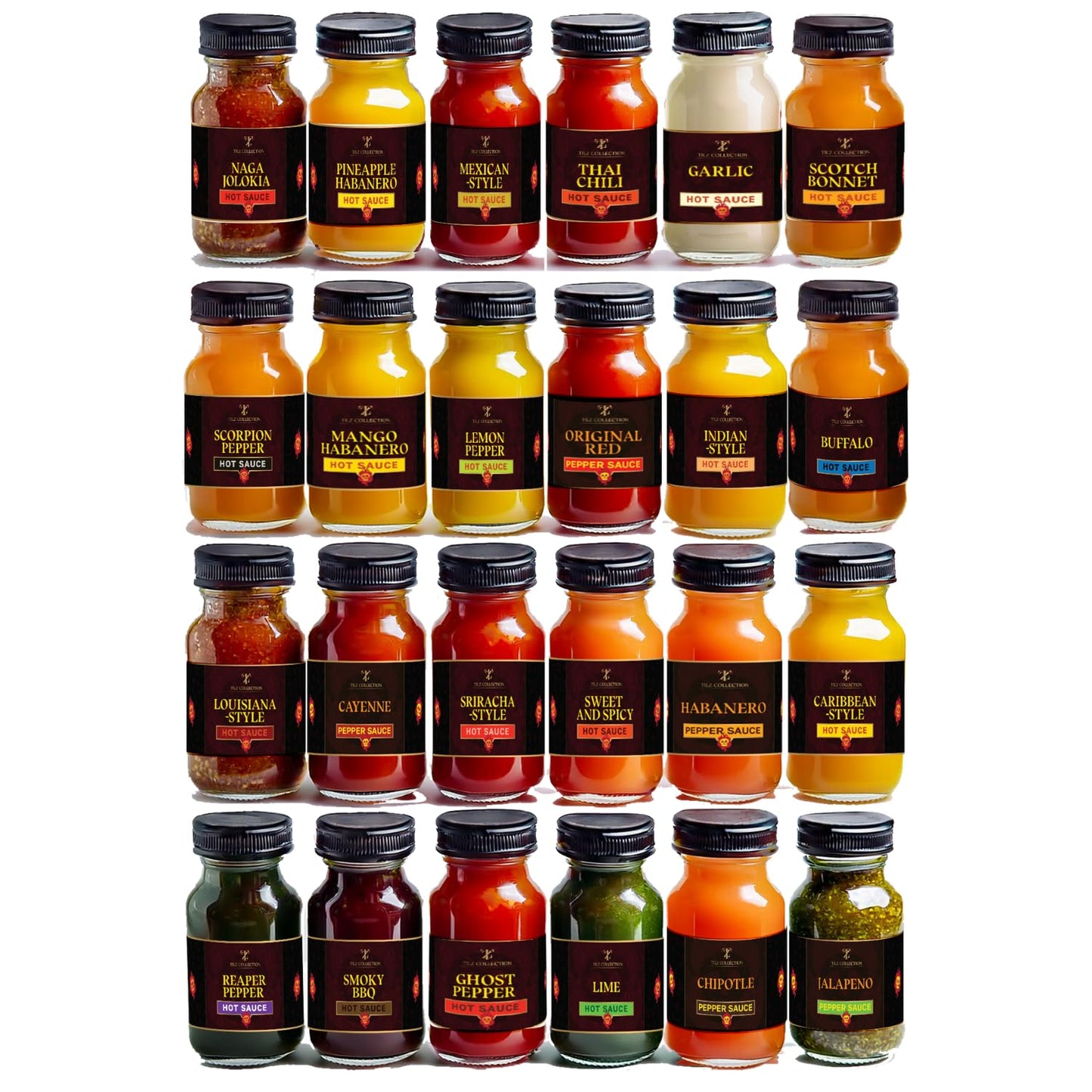 TILZ Hot Sauce Gift Set | 24 Bottles Sampler | Sriracha, Jalapenos, BBQ | Medium Size
