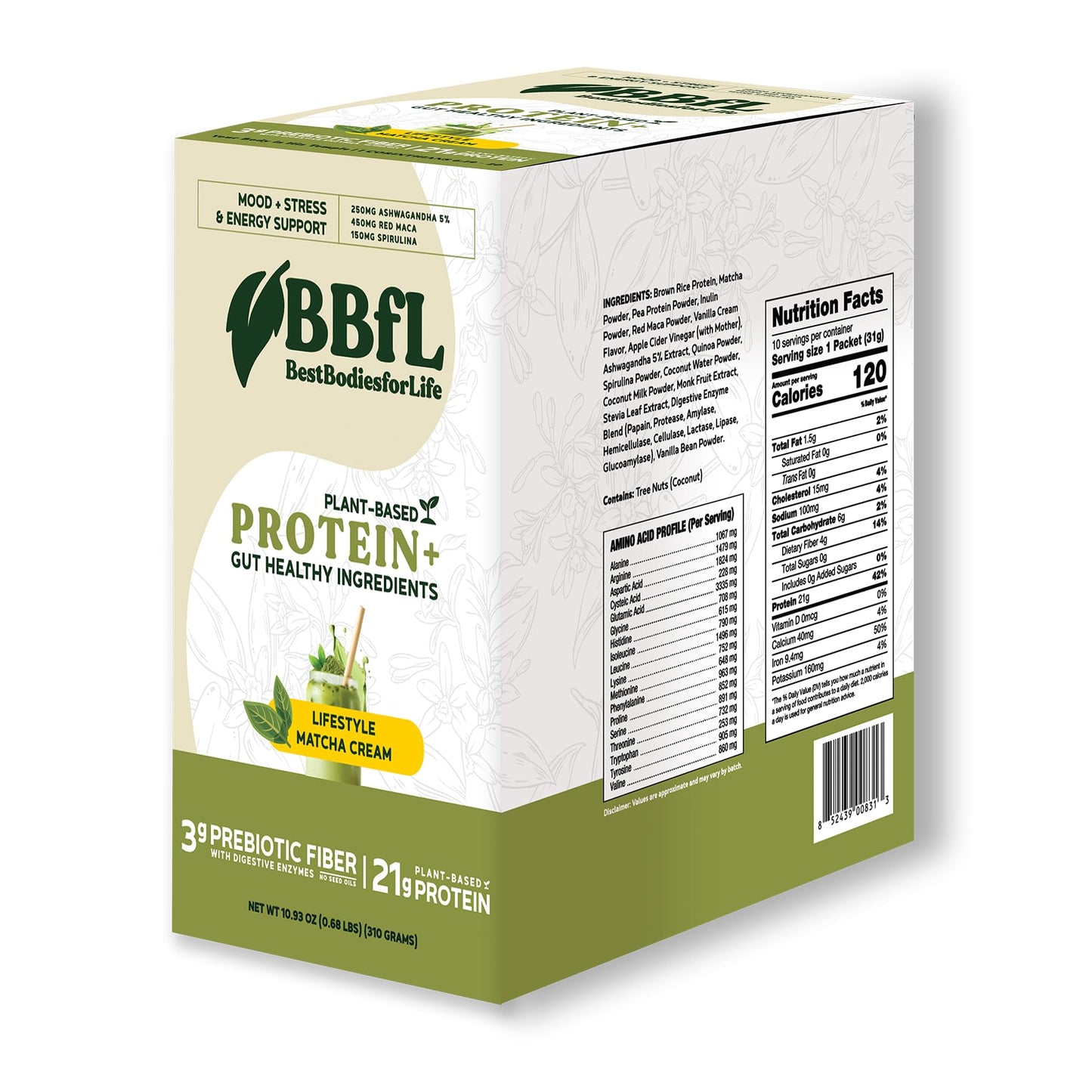 Bbfl Plant-Based Protein Shake - 21G Vegan Protein  Matcha + Apple Fruit Beverage Vinegar  Prebiotics  Digestive Enzymes  Adaptogens For Mood Support - 0 Added Sugar (10 Servings  Matcha Cream)