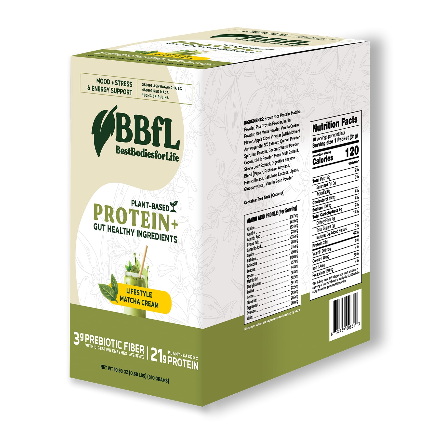 Bbfl Plant-Based Protein Shake - 21G Vegan Protein  Matcha + Apple Fruit Beverage Vinegar  Prebiotics  Digestive Enzymes  Adaptogens For Mood Support - 0 Added Sugar (10 Servings  Matcha Cream)