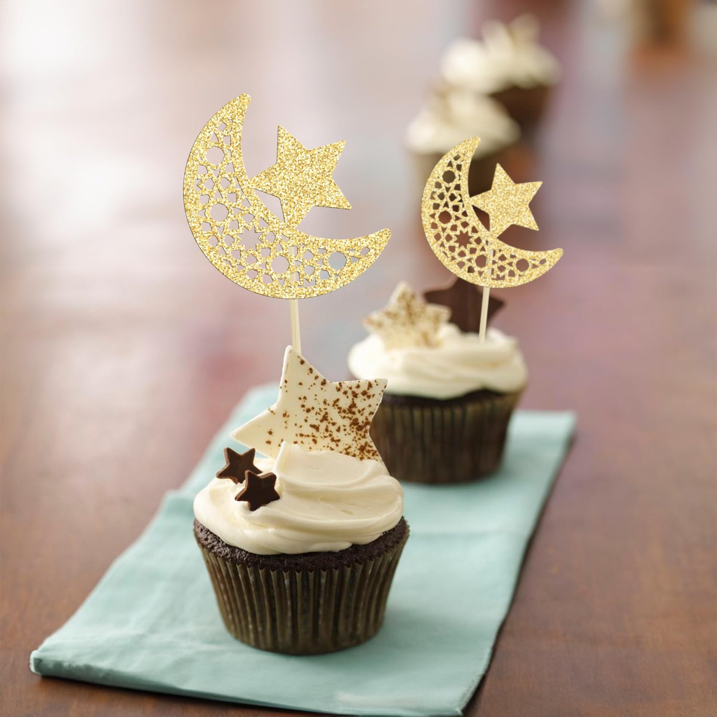 Gyufise Cupcake Toppers, 24Pcs Gold Glitter Moon Star, Eid Mubarak Decorations, Paper Picks for Islamic Muslim Theme Party