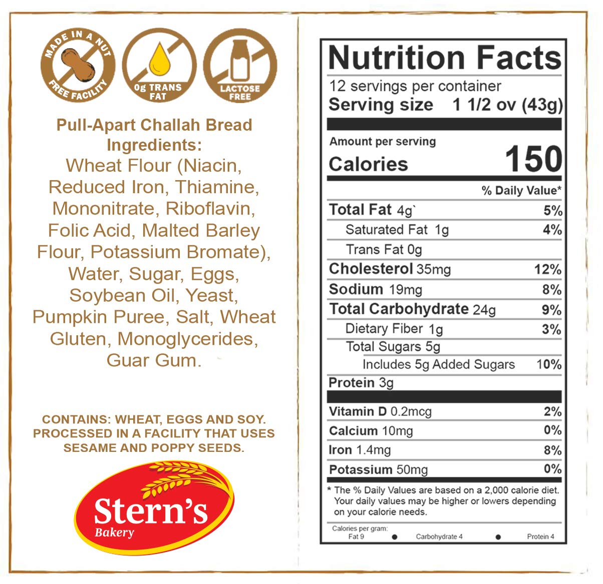 Sterns Bakery Pull-Apart Challah Bread - Traditional Kosher, 19 oz, Pack of 2
