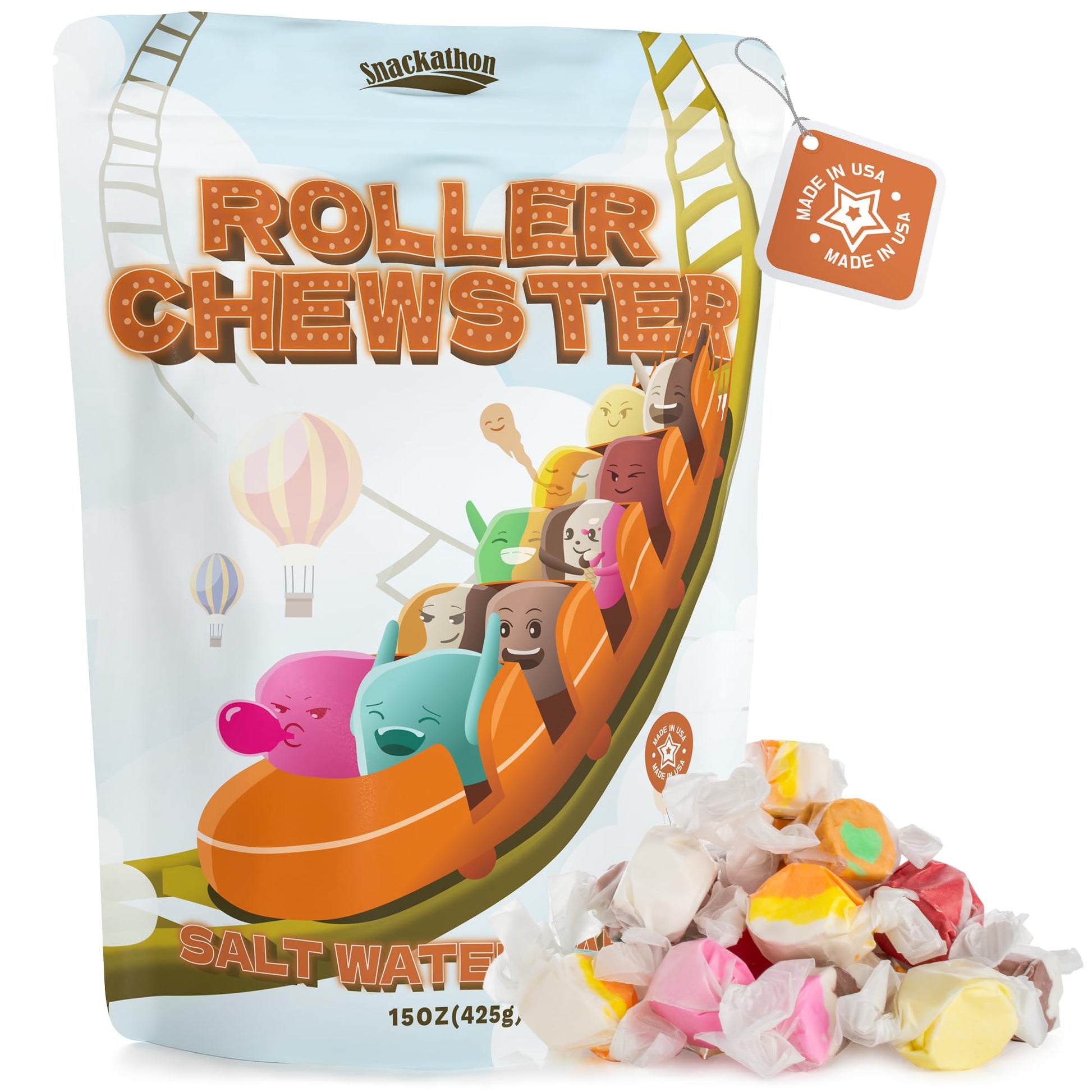 Snackathon Salt Water Taffy Assorted Mix, 10 Flavors, Soft & Chewy Gourmet Candy, 15 Ounce Funfair-Themed Bag