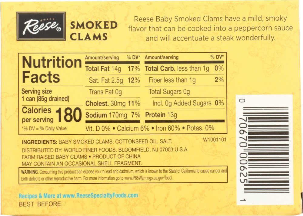 Reese Smoked Baby Clams, 3.66-Ounce Pack of 10, Model 00002763