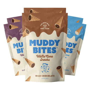 Muddy Bites Waffle Cone Snacks Bite Sized Chocolate Filled Waffle Cones For Snack Or Dessert, Ice Cream Topping, Premium Chocola