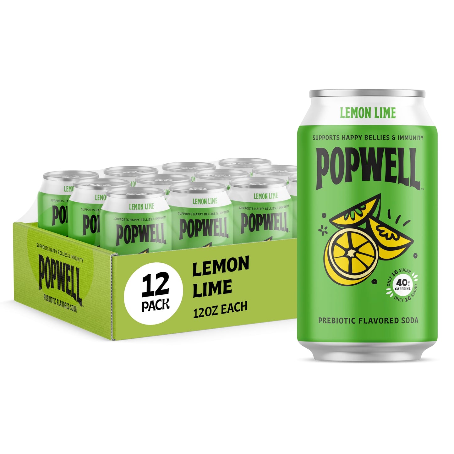 Popwell Prebiotic Soda, Lemon Lime Flavor, 6g Fiber, 1g Sugar, 12 Fl Oz Cans, Pack of 12