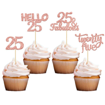 Gyufise 24Pcs Rose Gold Glitter 25Th Birthday Cupcake Toppers 25 Fabulous Cupcake Picks Hello 25 Twenty Five Cupcake Picks For 2