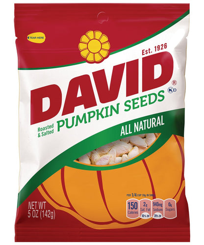 DAVID Seeds Salted and Roasted Pumpkin Seeds, Keto Friendly Snack, 5 OZ Bags, 12 Pack