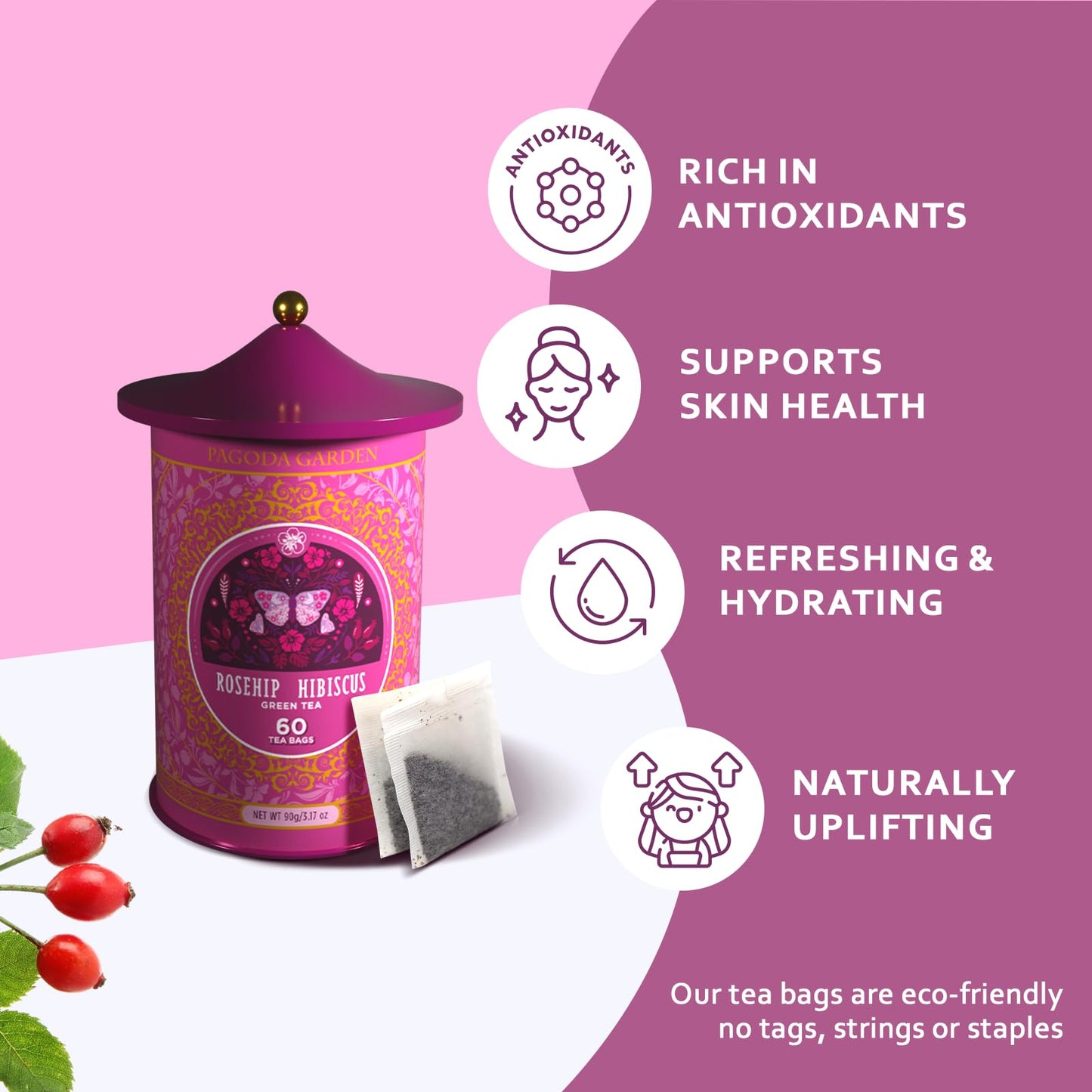 LIFE PLUS STYLE GOURMET Organic Herbal Tea, Rosehip Hibiscus Green Tea, 60 Bags, Caffeinated, Hot or Iced