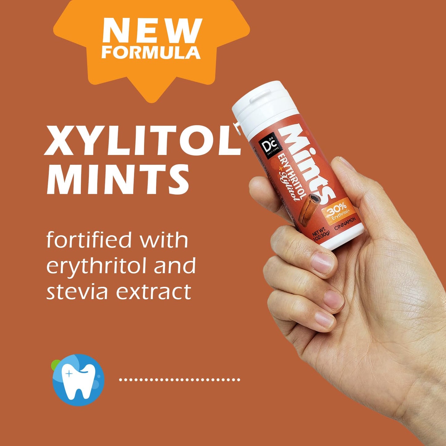 Dc24 Daily Care Xylitol Erythritol Mints, No Aspartame Sugar Free Mints, Low-Calorie, Dry Mouth Mints Keto Cinnamon 30 Pieces (P