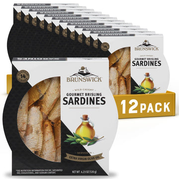 Brunswick Gourmet Brisling Sardines in Olive Oil - 4.23 oz Can (Pack of 12) - Gluten Free, Keto Friendly, 14g Protein per Serving