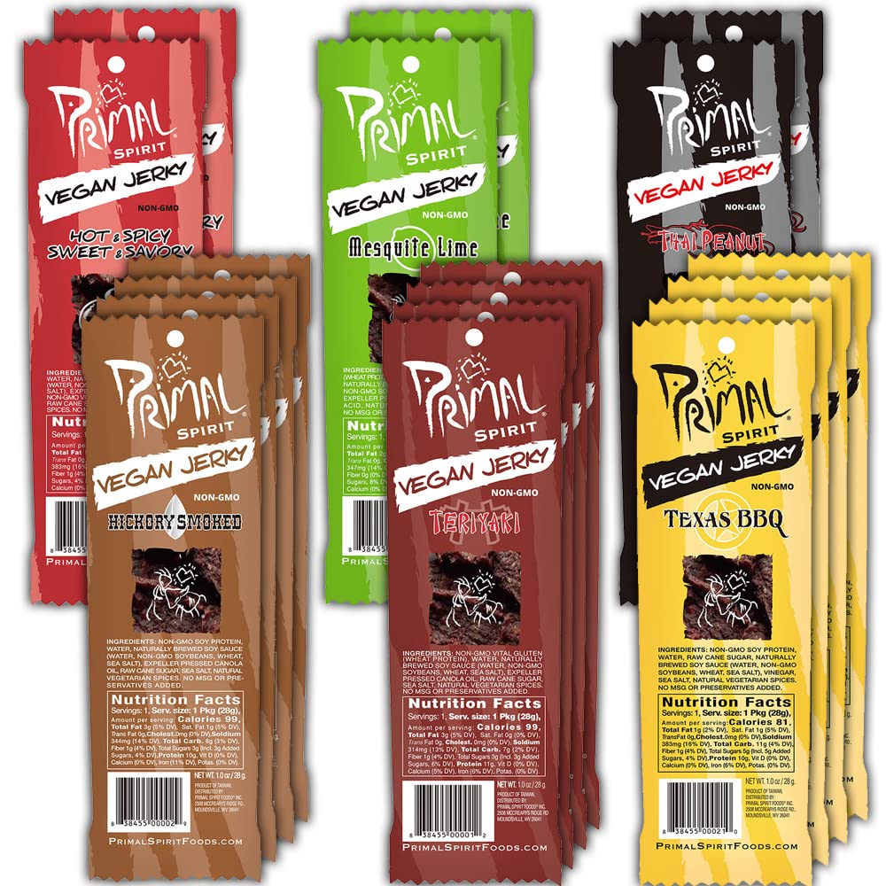 Primal Spirit Vegan Jerky Classics Pack - 18 Count, 1 oz. Assortment of Flavors: Teriyaki, Hickory Smoked, BBQ, Thai Peanut, Hot & Sp