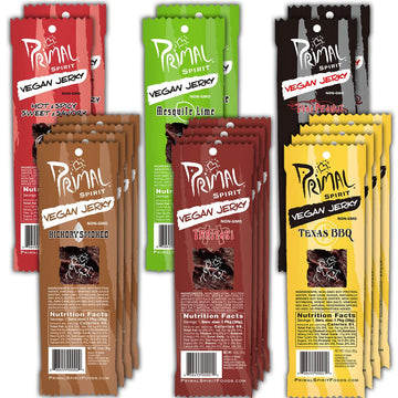 Primal Spirit Vegan Jerky Classics Pack - 18 Count, 1 oz. Assortment of Flavors: Teriyaki, Hickory Smoked, BBQ, Thai Peanut, Hot & Sp
