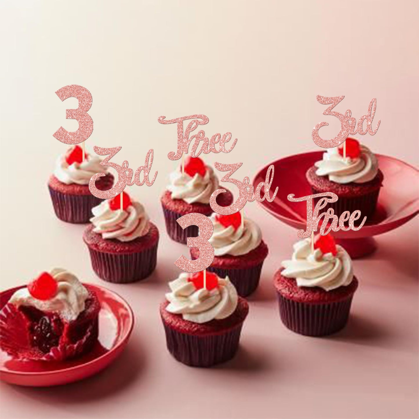 24 Pcs 3Rd Birthday Cupcake Toppers Glitter Three Cupcake Picks Number 3 Third Birthday Cupcake Decorations For Baby Shower Kids