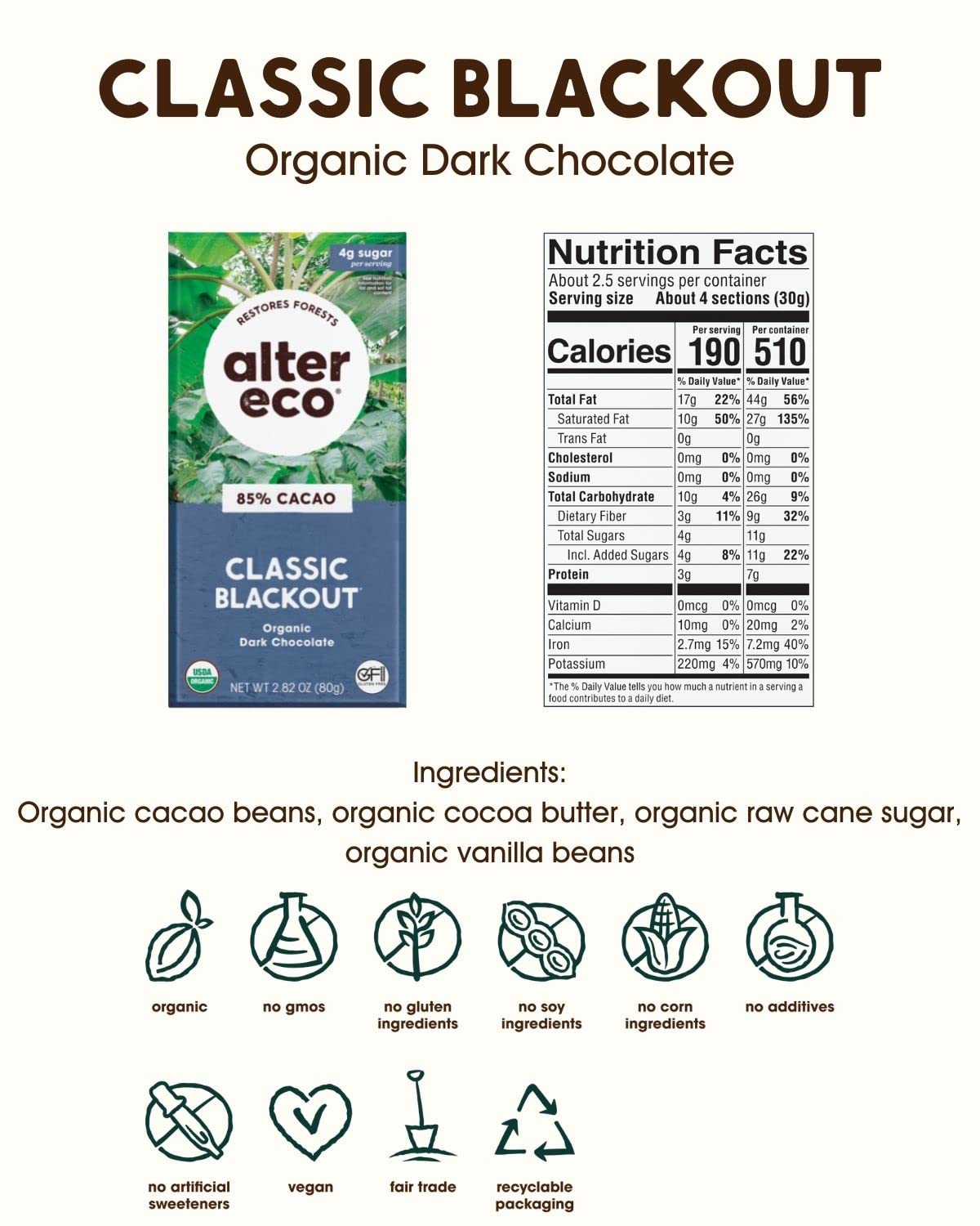 Alter Eco | Dark Chocolate Bars | Pure Dark Cocoa, Fair Trade, Organic, Non-Gmo, Gluten Free (6-Pack Classic Blackout)