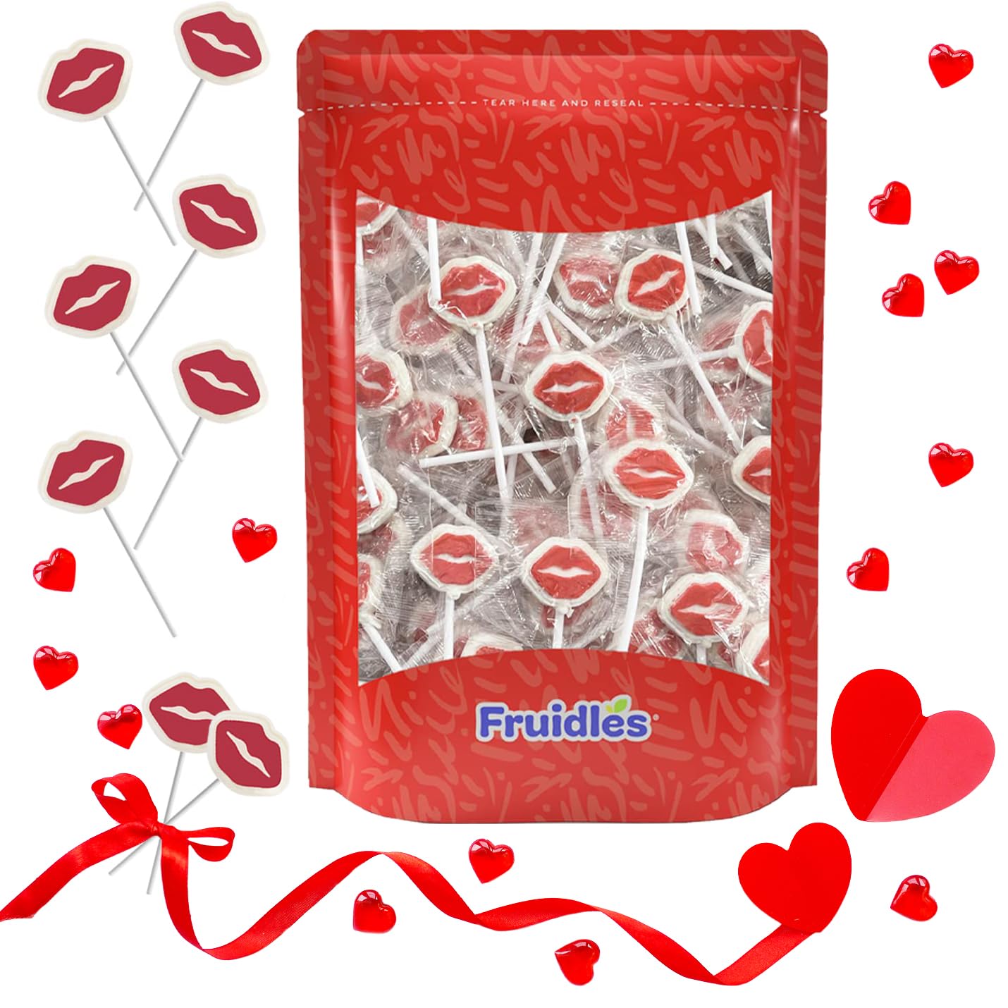 Fruidles Valentine'S Red Lips Lollipop Sucker, White Lip Shaped Lollipop With Red Lips, Individually Wrapped Candy (Half-Pound)