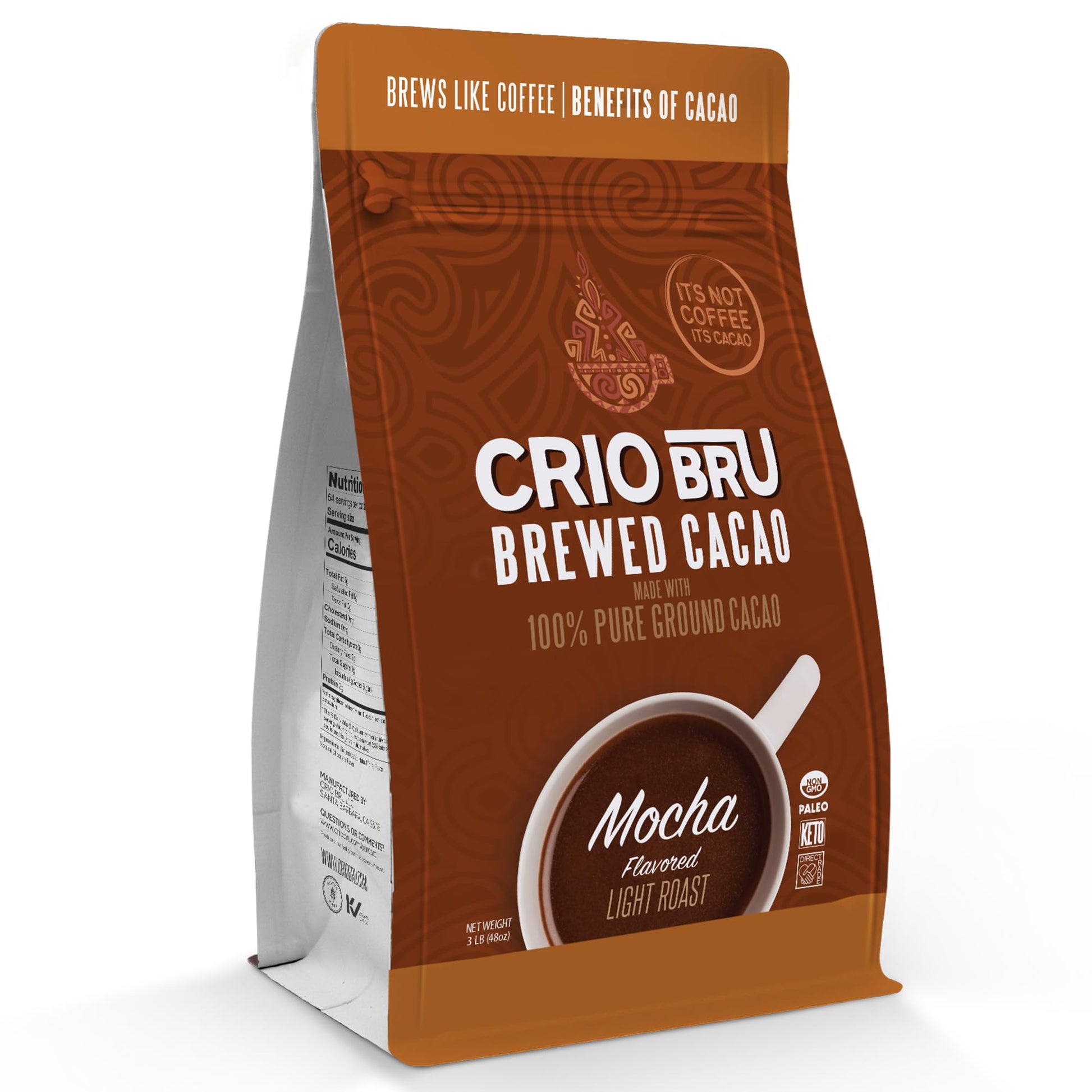 Crio Bru Brewed Cacao Coffee Alternative - Mocha Flavored, 48 Ounce (Pack of 1), 99.99% Caffeine Free, Keto, Low Carb, Paleo