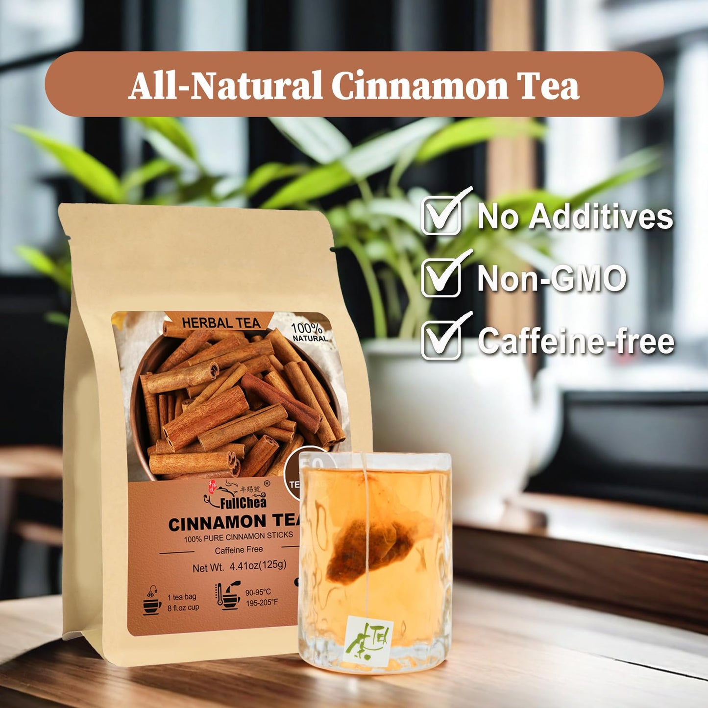 FullChea Cinnamon Tea Bags - Natural Caffeine-Free Tea for Relaxation - 50 Count