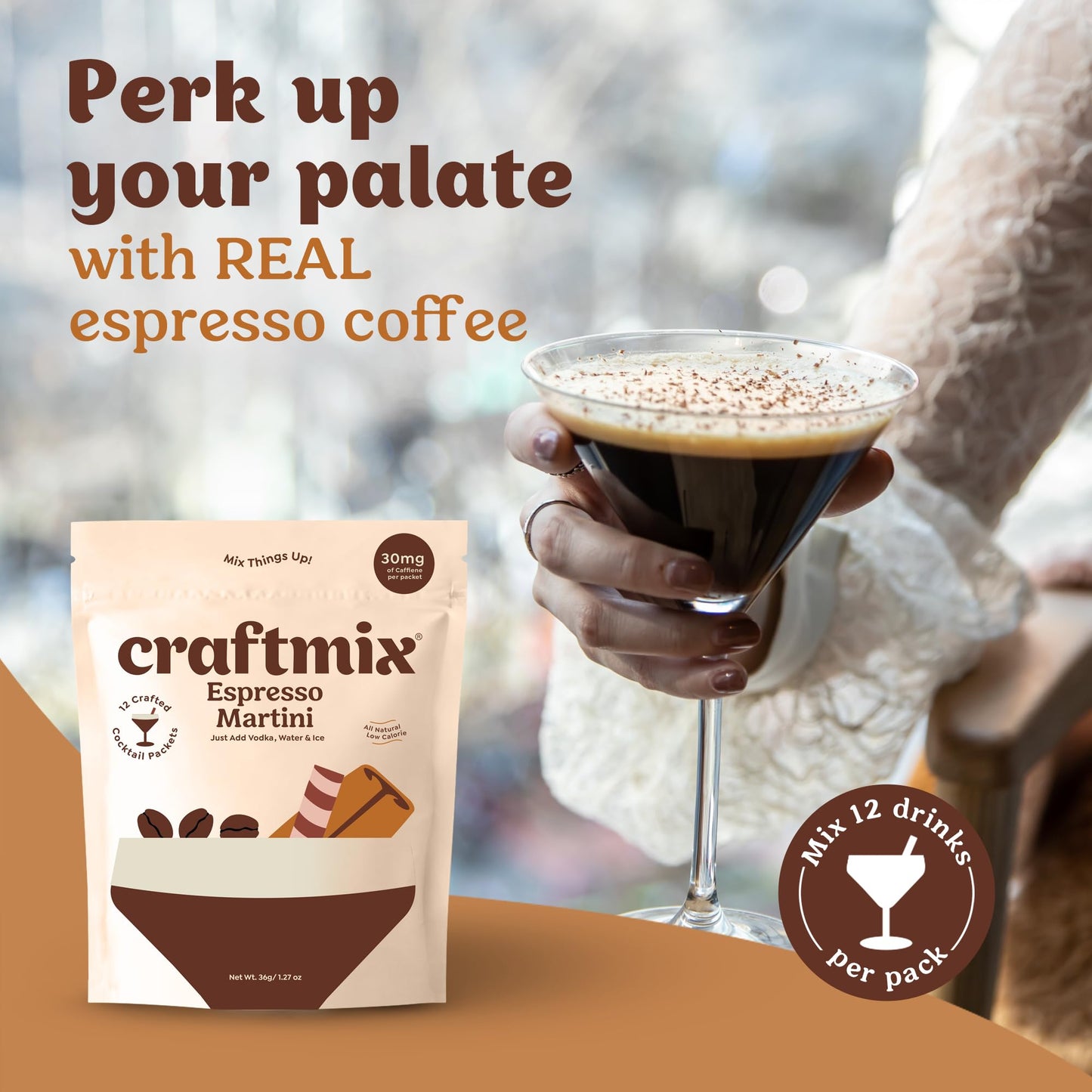 Craftmix Espresso Martini Cocktail & Mocktail Drink Mixer, Skinny Mixes - Water Flavoring Packets - Made With Real Coffee Beans - Vegan, Low-Carb, Low-Sugar, Non-Gmo, Dairy Free, Gluten Free, 24 Pack
