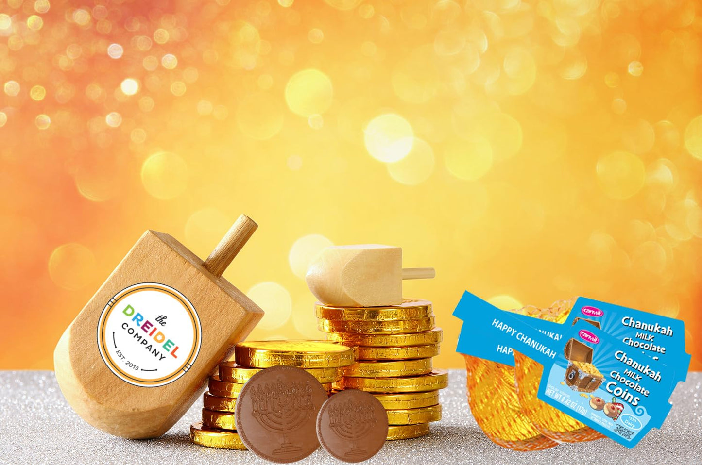 The Dreidel Company Hanukkah Chocolate Gelt, 6-Pack Mesh Bags of Milk Chocolate Coins, Kosher Certified Dairy Dreidel and Menora